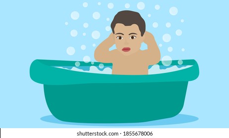 A small child bathes in the bathroom. Vector image, eps 10