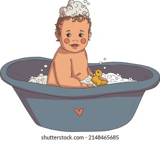 A small child bathes in a bubble bath.