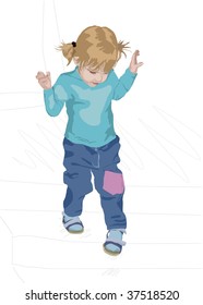 Small child carefully stepping downstairs. Neatly organized layers, background removable.