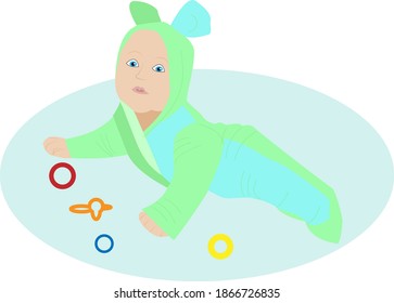 A small child crawling on all fours in baby Onesie with ears.