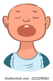Small child crying from pain, isolated kid in tears with open mouth showing grown teeth. Innocent boy baby, newborn kiddo hungry or sad. Emotional infant childhood and care. Vector in flat style
