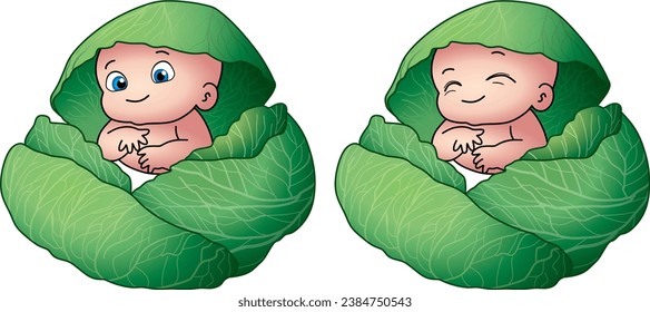 small child in a diaper hiding in cabbage