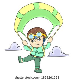 a small child is doing parachuting. cartoon illustration sticker emoticon