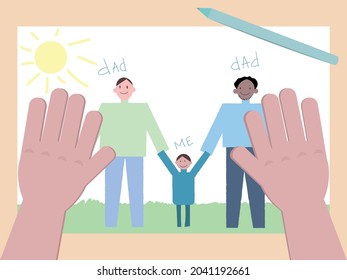 A small child drew his happy family with two fathers. The concept of the LGBT family. Children's hands and a cute drawing. gay family