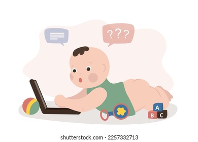Small child explores world and tries to use gadget. Newborn child uses laptop and tries to master modern technologies. Funny infant baby lies on tummy. Flat vector illustration