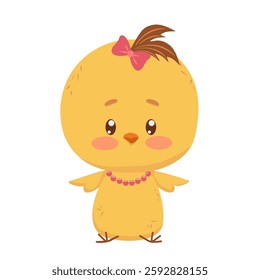 Small child of female chicken. Cute vector character isolated on background. Chicken with bow on head and jewelry on neck. Easter fluffy birth symbol. Color print for printing on clothes, notepads