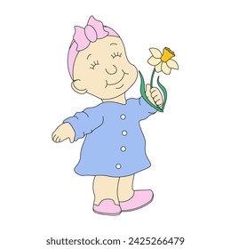 Small Child with flower in his hand isolated on white background. Toddler. Baby Girl with narcissus. Vector illustration can used card cover design web and social media banner. Editable stroke EPS 10