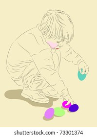 Small child gathering colored Easter eggs