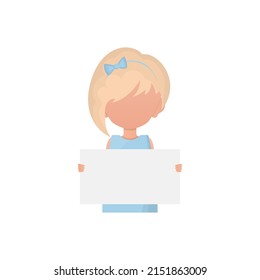 A small child girl holds an empty piece of paper in her hands. Isolated on white background. Flat style. Vector illustration