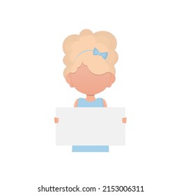 A small child girl holds an empty piece of paper in her hands. Isolated on white background. Cartoon style. Vector illustration
