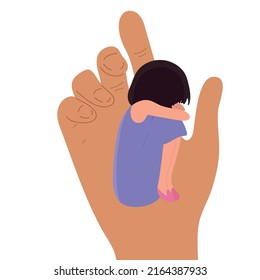 A small child in the hand of a big man. Childhood protection, the concept of the influence of people on children. Vector.