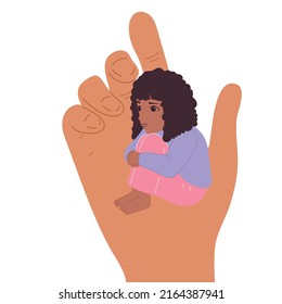 A small child in the hand of a big man. Childhood protection, the concept of the influence of people on children. Vector.