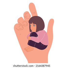 A small child in the hand of a big man. Childhood protection, the concept of the influence of people on children. Vector.