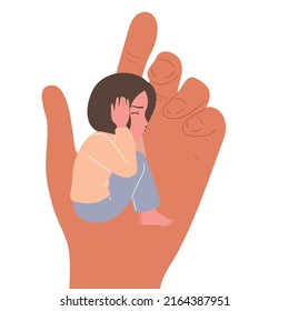 A small child in the hand of a big man. Childhood protection, the concept of the influence of people on children. Vector.