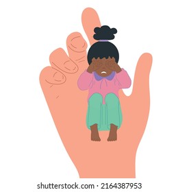 A small child in the hand of a big man. Childhood protection, the concept of the influence of people on children. Vector.