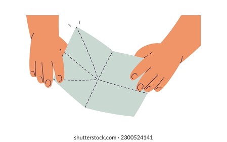 Small child hands doing origami paper folding. Vector illustration