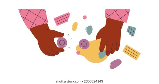 Small child hands repair toy car. Vector illustration