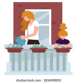 Small child helping mother to water flowers on balcony. Woman with kid gardening and caring for houseplants growing outdoors. Mom and kid at home, quarantine activities. Vector in flat style