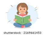 Small child hold open book and read. Knowledge and education concept. Vector illustration