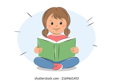 Small child hold open book and read. Knowledge and education concept. Vector illustration