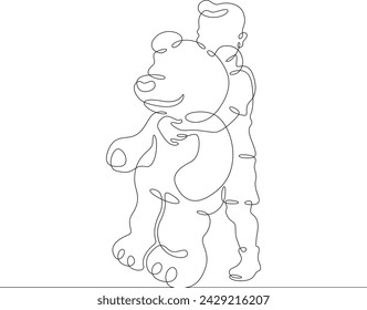 A small child hugs a large plush animal. Baby plays with a big toy. Toy plush bear. One continuous line . Line art. Minimal single line.White background. One line drawing.