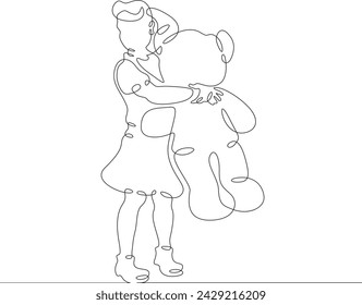 A small child hugs a large plush animal. Baby plays with a big toy. Toy plush bear. One continuous line . Line art. Minimal single line.White background. One line drawing.