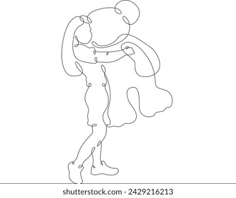 A small child hugs a large plush animal. Baby plays with a big toy. Toy plush bear. One continuous line . Line art. Minimal single line.White background. One line drawing.
