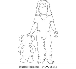 A small child hugs a large plush animal. Baby plays with a big toy. Toy plush bear. One continuous line . Line art. Minimal single line.White background. One line drawing.