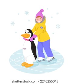 Small child learns to skate on ice with help of aid penguin. Little girl in bright winter overalls holds on to plastic penguin with her hands. Vector illustration in cartoon style.