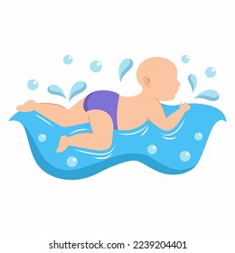 Small child learns to swim in pool. Infant swimming.