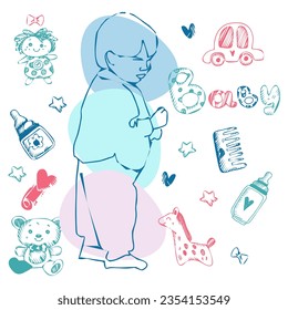 Small child with objects and toys for children. Color graphic image. Vector.