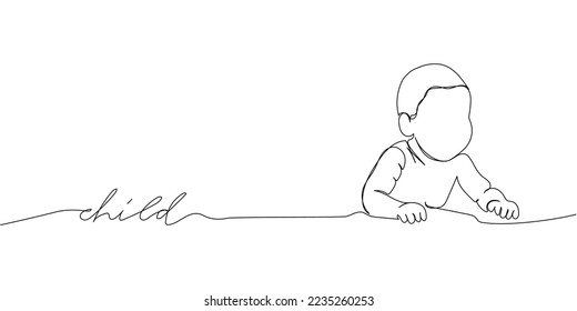 Small child one line art with an inscription. Continuous line drawing of child, childhood, newborn, new life, son, daughter, silhouette, motherhood.