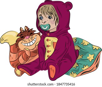 A Small Child With A Pacifier In His Mouth Sits On A Pillow With A Toy. Cheshire Cat Toy. Children's Illustration.