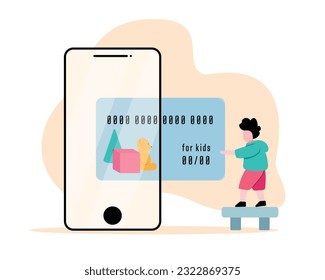 Small child pays for toys online on phone. Cartoon character using cashless payment with smartphone. Digital bank transactions. Secure banking services. Online shopping benefits. Vector