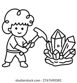 Small child with pickaxe mining crystals from rocky ground