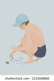 Small child playing on the beach enjoy summer vacation. A little boy examines pebbles on the beach on sea holidays. Vector illustration.