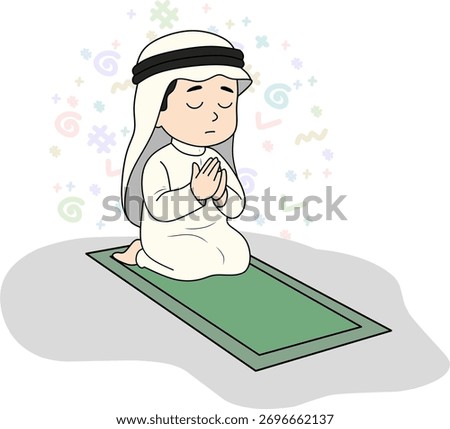 A small child is praying in typical Arabic clothing