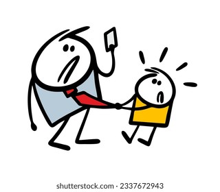 Small child pulls his father tie, attracts attention, distracts from smartphone. Disgruntled man in business suit reads social networks on  phone and does not want to play with his son. Vector art.