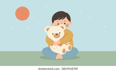 Small child sitting and hugging a large white teddy bear with a red heart on a peaceful green field under a bright red sun disk.