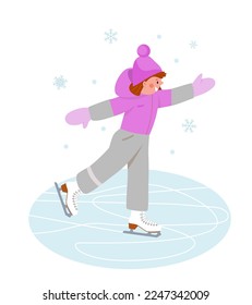 Small child is skating on rink. Baby girl in  winter pink jumpsuit is learning to skate on ice. Vector illustration on white isolated background in cartoon style.