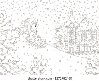 Small child sledding down a snow hill on a playground in a winter park of a town, black and white vector illustration in a cartoon style for a coloring book