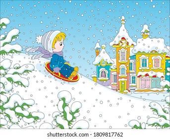 Small child sledding down a snow hill on a playground in a winter park of a town, vector cartoon illustration
