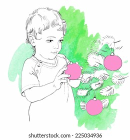 A small child standing near Christmas tree and holding a decoration ball. Sketch on a green brush strokes watercolor background. Vector illustration.