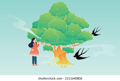 A small child stands under a tree in spring with swallows flying by, vector illustration
