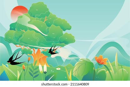 A small child stands under a tree in spring with swallows flying by, vector illustration