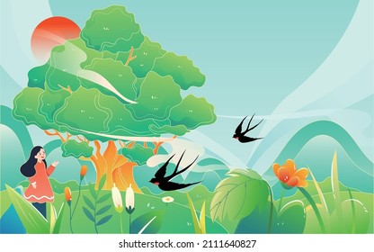 A small child stands under a tree in spring with swallows flying by, vector illustration