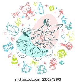 A small child in a stroller with children's toys. Graphic color image. Vector.