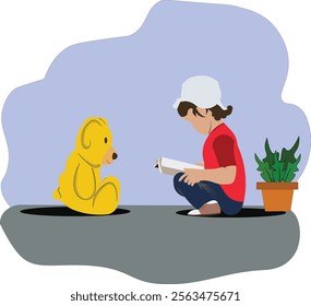 a small child is telling a story with his favorite teddy bear