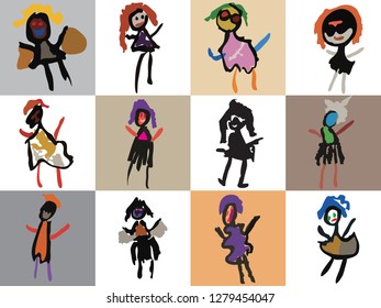 Pequeños dibujos vectoriales secundarios en cuadrados de color. Ilustración de caracteres naïve. Grupo de 12 personas.
