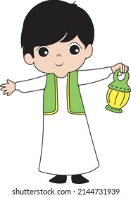 A small child wearing traditional Arab clothes. Happy Muslim kid. A child carrying a lantern during the month of Ramadan or Eid